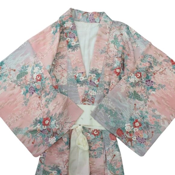 Japanese Mid-Century Kimono Floral Pink‎ Dress OS - Picture 7 of 9